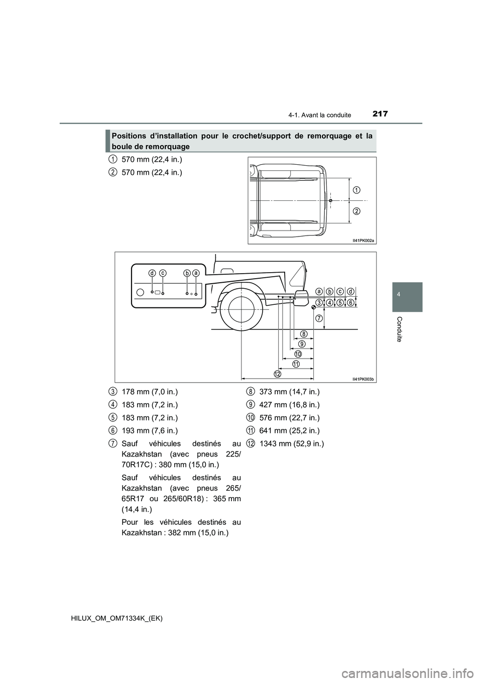TOYOTA HILUX 2022  Manuel du propriétaire (in French) 2174-1. Avant la conduite
4
Conduite
HILUX_OM_OM71334K_(EK)
570 mm (22,4 in.)
570 mm (22,4 in.)
Positions d’installation pour le crochet/support de remorquage et la
boule de remorquage
1
2
178 mm (7
