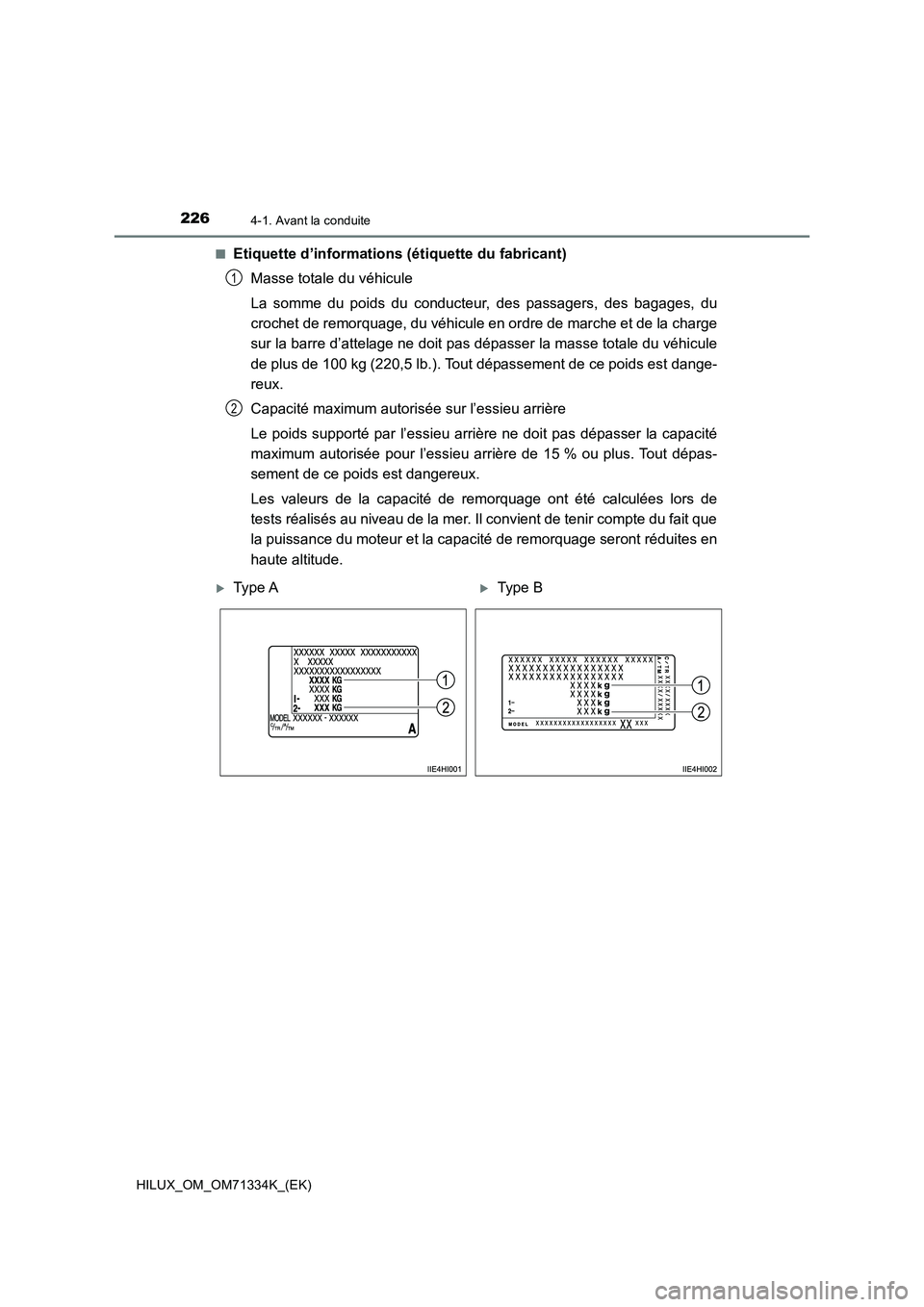 TOYOTA HILUX 2022  Manuel du propriétaire (in French) 2264-1. Avant la conduite
HILUX_OM_OM71334K_(EK) 
�QEtiquette d’informations (étiquette du fabricant) 
Masse totale du véhicule 
La somme du poids du conducteur, des passagers, des bagages, du 
cr