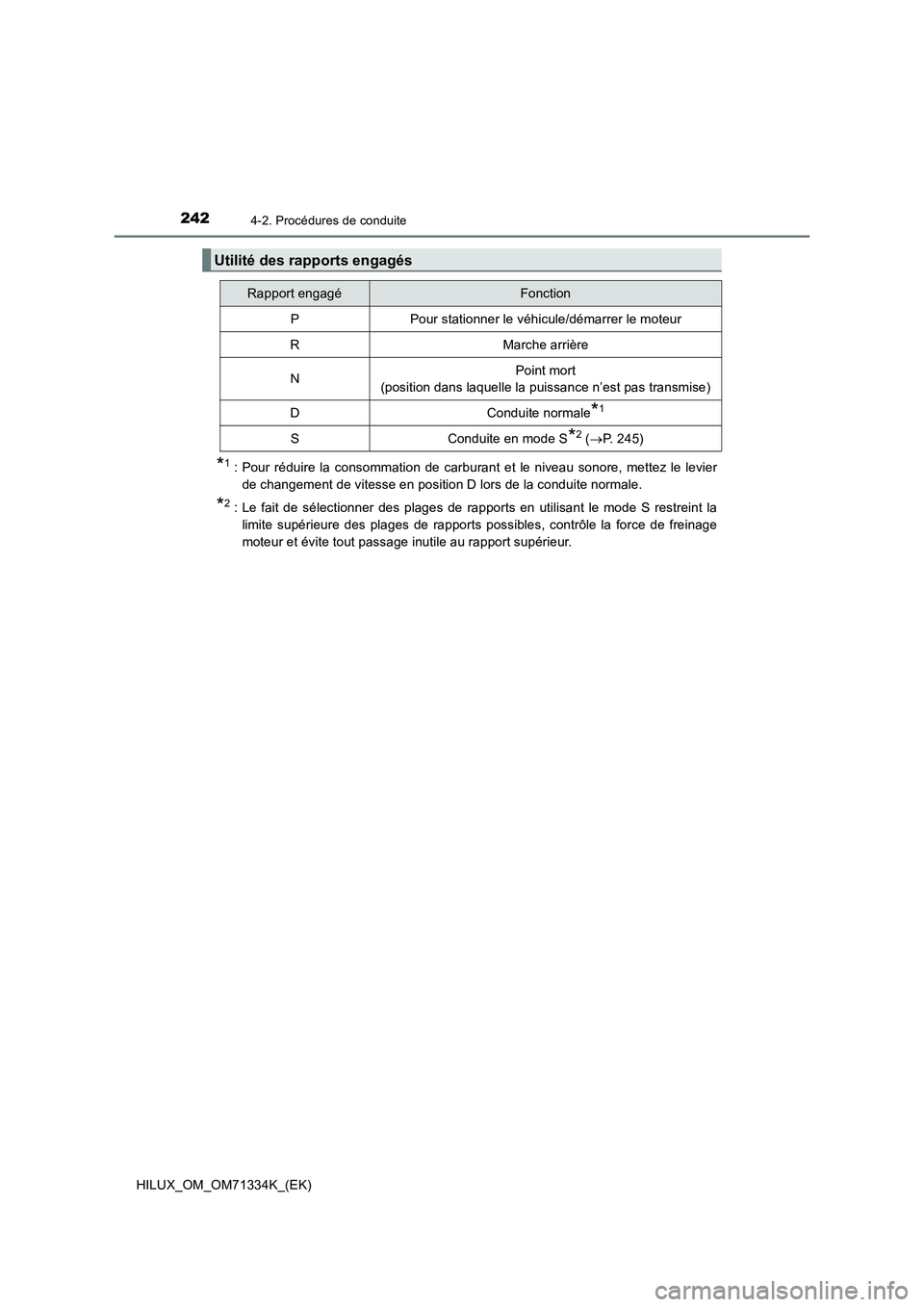 TOYOTA HILUX 2022  Manuel du propriétaire (in French) 2424-2. Procédures de conduite
HILUX_OM_OM71334K_(EK)
*1 : Pour réduire la consommation de carburant et le niveau sonore, mettez le levier
de changement de vitesse en position D lors de la conduite 