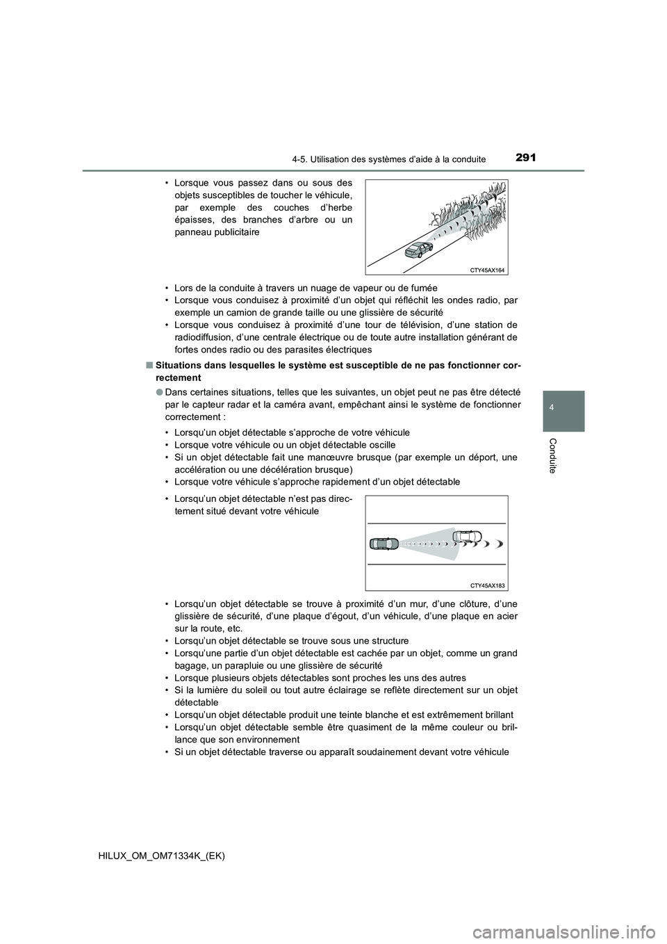 TOYOTA HILUX 2022  Manuel du propriétaire (in French) 2914-5. Utilisation des systèmes d’aide à la conduite
4
Conduite
HILUX_OM_OM71334K_(EK)• Lors de la conduite à travers un nuage de vapeur ou de fumée
• Lorsque vous conduisez à proximité d