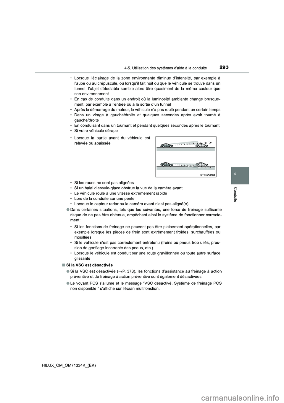 TOYOTA HILUX 2022  Manuel du propriétaire (in French) 2934-5. Utilisation des systèmes d’aide à la conduite
4
Conduite
HILUX_OM_OM71334K_(EK)• Lorsque l’éclairage de la zone environnante diminue d’intensité, par exemple à
l’aube ou au cré