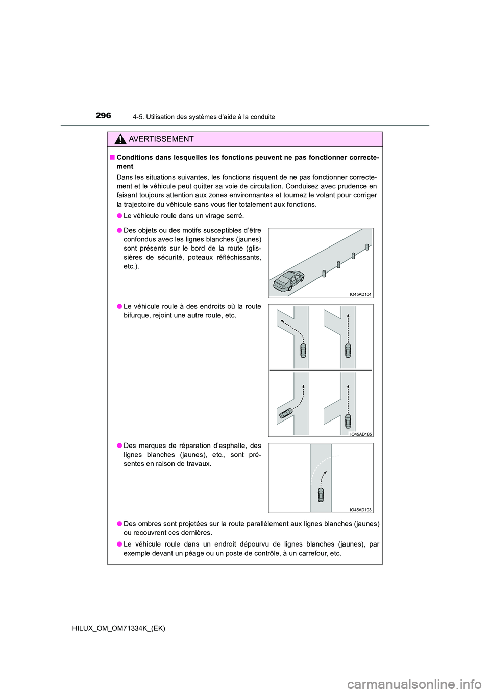 TOYOTA HILUX 2022  Manuel du propriétaire (in French) 2964-5. Utilisation des systèmes d’aide à la conduite
HILUX_OM_OM71334K_(EK)
AVERTISSEMENT
�QConditions dans lesquelles les fonctions peuvent ne pas fonctionner correcte- 
ment 
Dans les situation