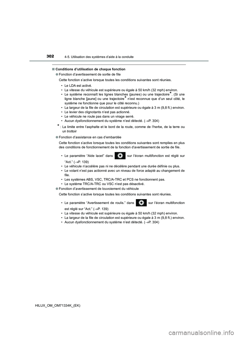 TOYOTA HILUX 2022  Manuel du propriétaire (in French) 3024-5. Utilisation des systèmes d’aide à la conduite
HILUX_OM_OM71334K_(EK)
�QConditions d’utilisation de chaque fonction
�OFonction d’avertissement de sortie de file
Cette fonction s’activ