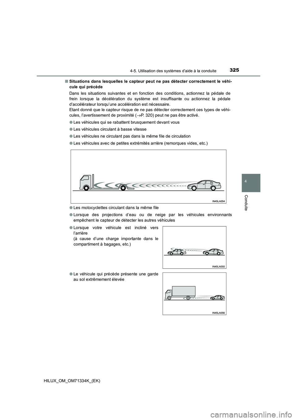 TOYOTA HILUX 2022  Manuel du propriétaire (in French) 3254-5. Utilisation des systèmes d’aide à la conduite
4
Conduite
HILUX_OM_OM71334K_(EK)�QSituations dans lesquelles le capteur peut ne pas détecter correctement le véhi-
cule qui précède
Dans 