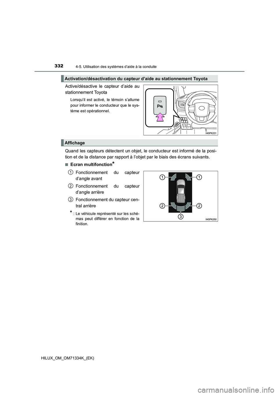 TOYOTA HILUX 2022  Manuel du propriétaire (in French) 3324-5. Utilisation des systèmes d’aide à la conduite
HILUX_OM_OM71334K_(EK)
Active/désactive le capteur d’aide au
stationnement Toyota
Lorsqu’il est activé, le témoin s’allume
pour infor