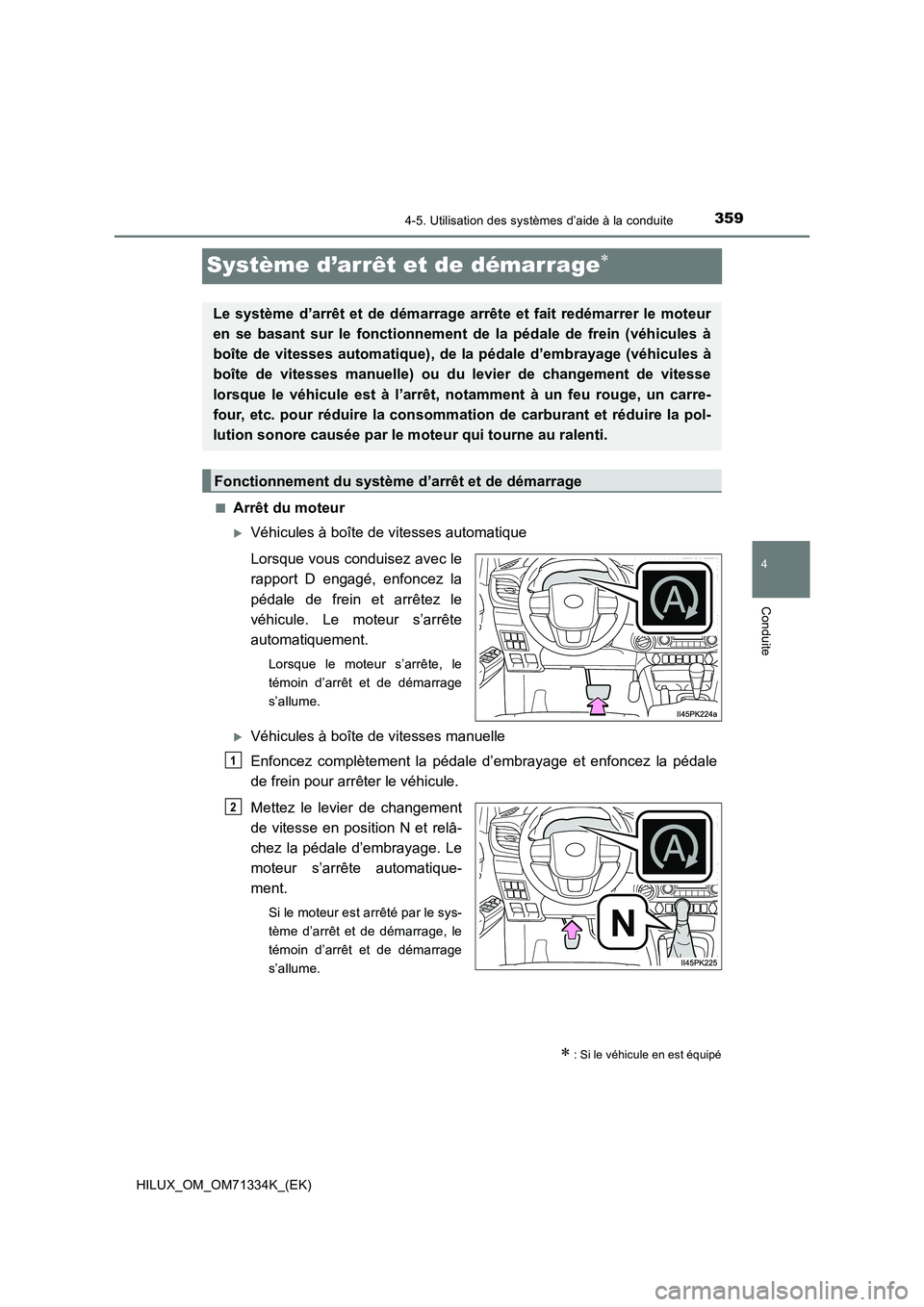 TOYOTA HILUX 2022  Manuel du propriétaire (in French) 359
4
4-5. Utilisation des systèmes d’aide à la conduite
Conduite
HILUX_OM_OM71334K_(EK)
Système d’arrêt et de démarrage
�QArrêt du moteur
Véhicules à boîte de vitesses automatique
