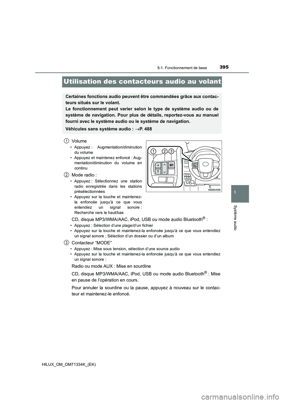 TOYOTA HILUX 2022  Manuel du propriétaire (in French) 395
5
5-1. Fonctionnement de base
Système audio
HILUX_OM_OM71334K_(EK)
Utilisation des contacteurs audio au volant
Volume
• Appuyez : Augmentation/diminution
du volume
• Appuyez et maintenez enfo