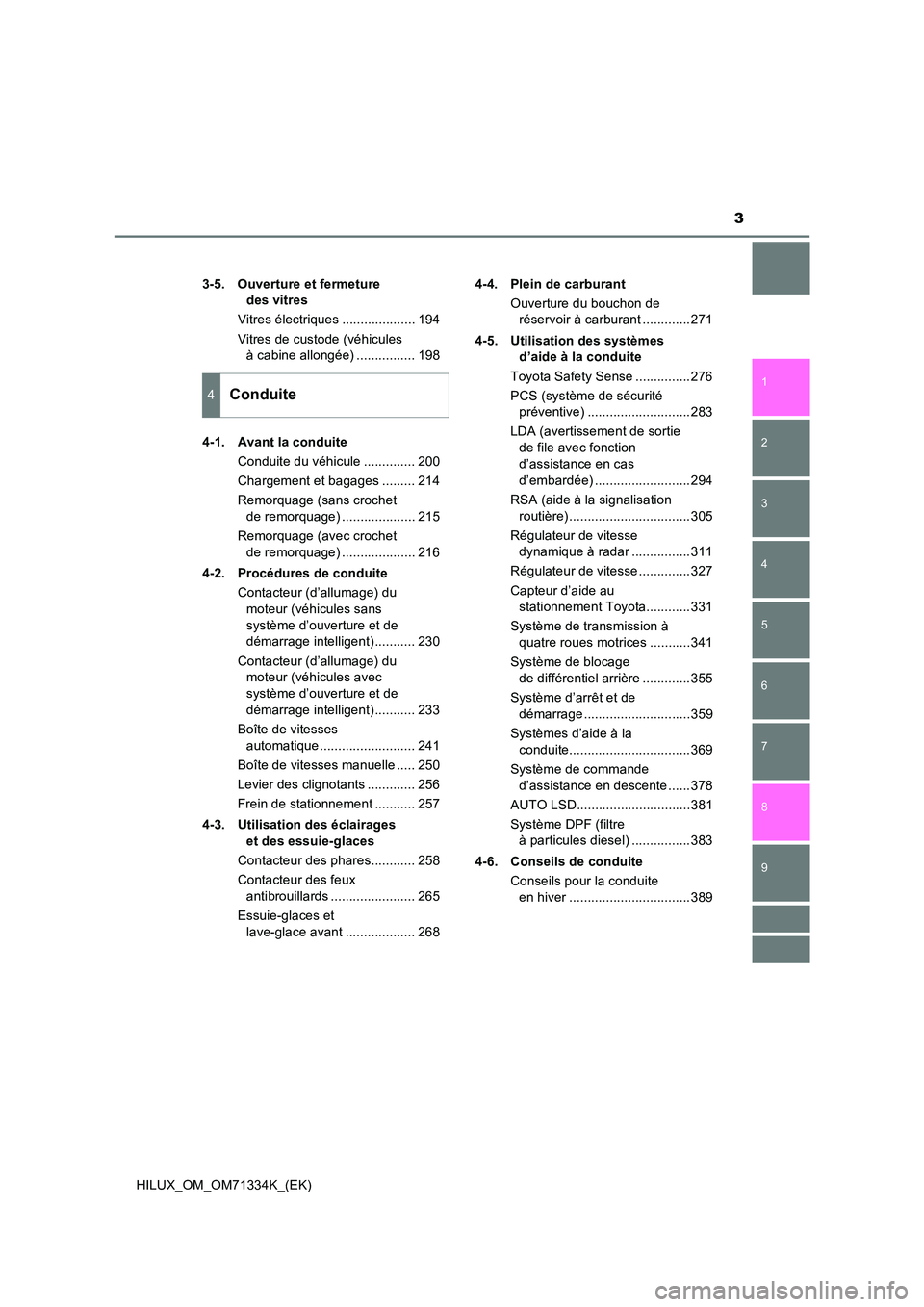 TOYOTA HILUX 2022  Manuel du propriétaire (in French) 3
1 
9 
8 
6 
5
4
3
2
HILUX_OM_OM71334K_(EK)
7
3-5. Ouverture et fermeture  
des vitres 
Vitres électriques .................... 194 
Vitres de custode (véhicules  
à cabine allongée) ............