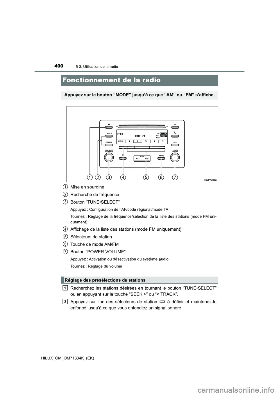 TOYOTA HILUX 2022  Manuel du propriétaire (in French) 4005-3. Utilisation de la radio
HILUX_OM_OM71334K_(EK)
Fonctionnement de la radio
Mise en sourdine
Recherche de fréquence
Bouton “TUNE•SELECT”
Appuyez : Configuration de l’AF/code régional/m