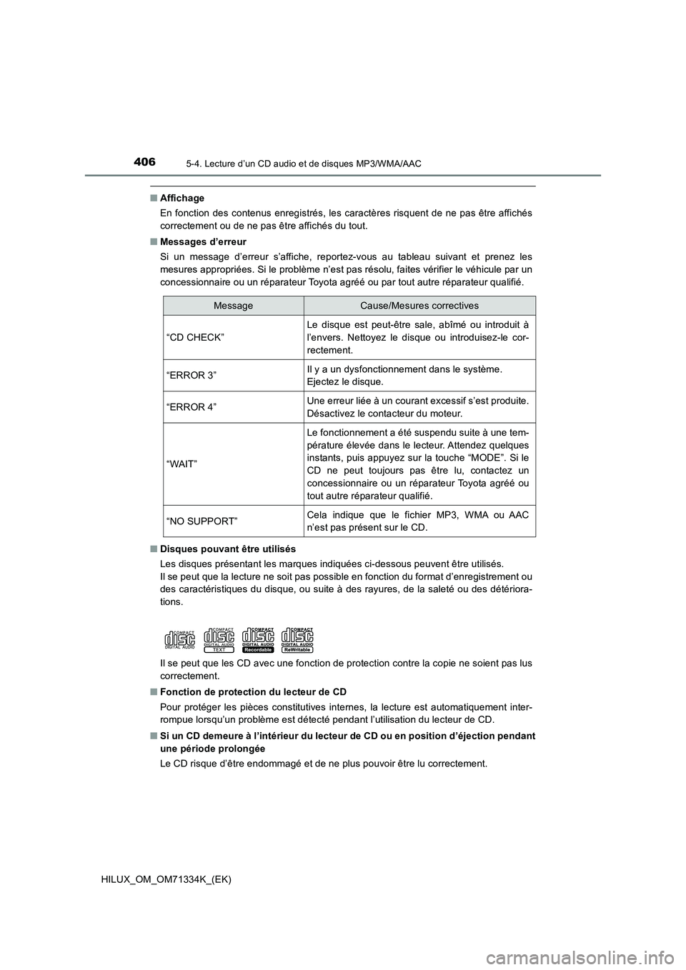 TOYOTA HILUX 2022  Manuel du propriétaire (in French) 4065-4. Lecture d’un CD audio et de disques MP3/WMA/AAC
HILUX_OM_OM71334K_(EK)
�QAffichage
En fonction des contenus enregistrés, les caractères risquent de ne pas être affichés
correctement ou d
