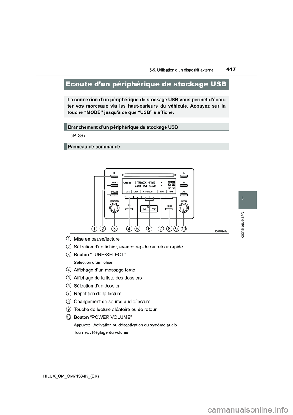 TOYOTA HILUX 2022  Manuel du propriétaire (in French) 417
5
5-5. Utilisation d’un dispositif externe
Système audio
HILUX_OM_OM71334K_(EK)
Ecoute d’un périphérique de stockage USB
P. 397
Mise en pause/lecture
Sélection d’un fichier, avance ra