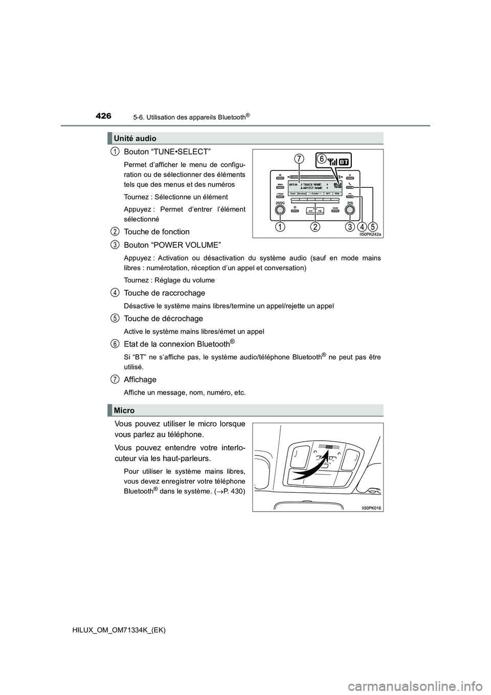 TOYOTA HILUX 2022  Manuel du propriétaire (in French) 4265-6. Utilisation des appareils Bluetooth®
HILUX_OM_OM71334K_(EK)
Bouton “TUNE•SELECT”
Permet d’afficher le menu de configu-
ration ou de sélectionner des éléments
tels que des menus et 