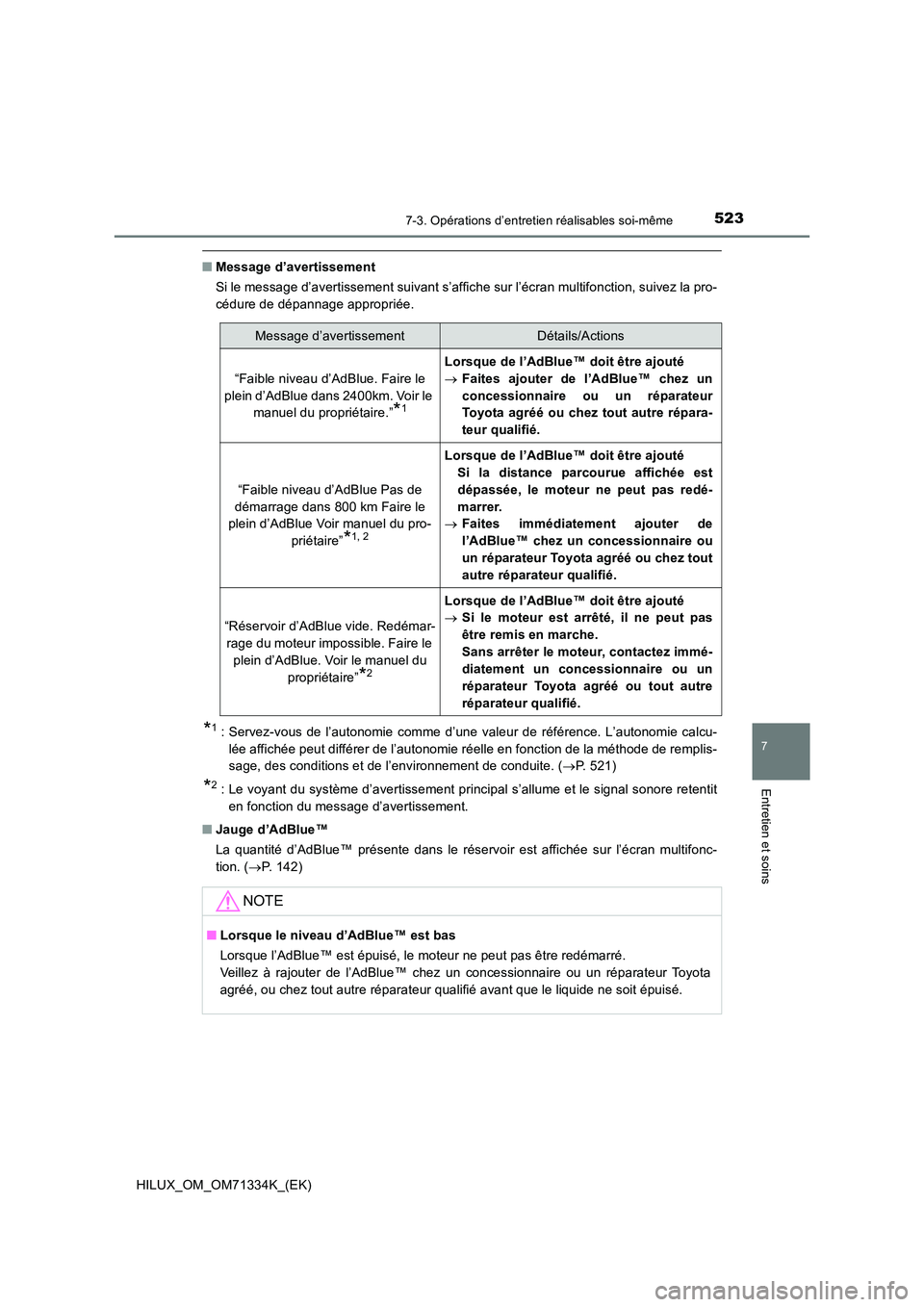 TOYOTA HILUX 2022  Manuel du propriétaire (in French) 5237-3. Opérations d’entretien réalisables soi-même
HILUX_OM_OM71334K_(EK)
7
Entretien et soins
�QMessage d’avertissement 
Si le message d’avertissement suivant s’affiche sur l’écran mul