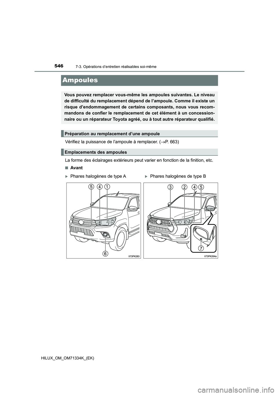 TOYOTA HILUX 2022  Manuel du propriétaire (in French) 5467-3. Opérations d’entretien réalisables soi-même
HILUX_OM_OM71334K_(EK)
Ampoules
Vérifiez la puissance de l’ampoule à remplacer. (P. 663)
La forme des éclairages extérieurs peut varie