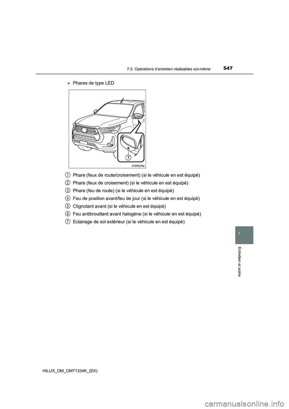 TOYOTA HILUX 2022  Manuel du propriétaire (in French) 5477-3. Opérations d’entretien réalisables soi-même
HILUX_OM_OM71334K_(EK)
7
Entretien et soins
Phare (feux de route/croisement) (si le véhicule en est équipé)
Phare (feux de croisement) (si l