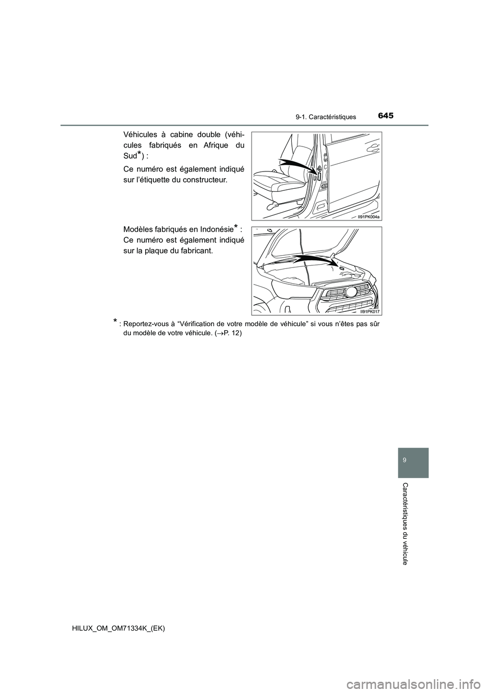 TOYOTA HILUX 2022  Manuel du propriétaire (in French) 645
9
9-1. Caractéristiques
Caractéristiques du véhicule
HILUX_OM_OM71334K_(EK)
Véhicules à cabine double (véhi- 
cules fabriqués en Afrique du 
Sud*) : 
Ce numéro est également indiqué 
sur