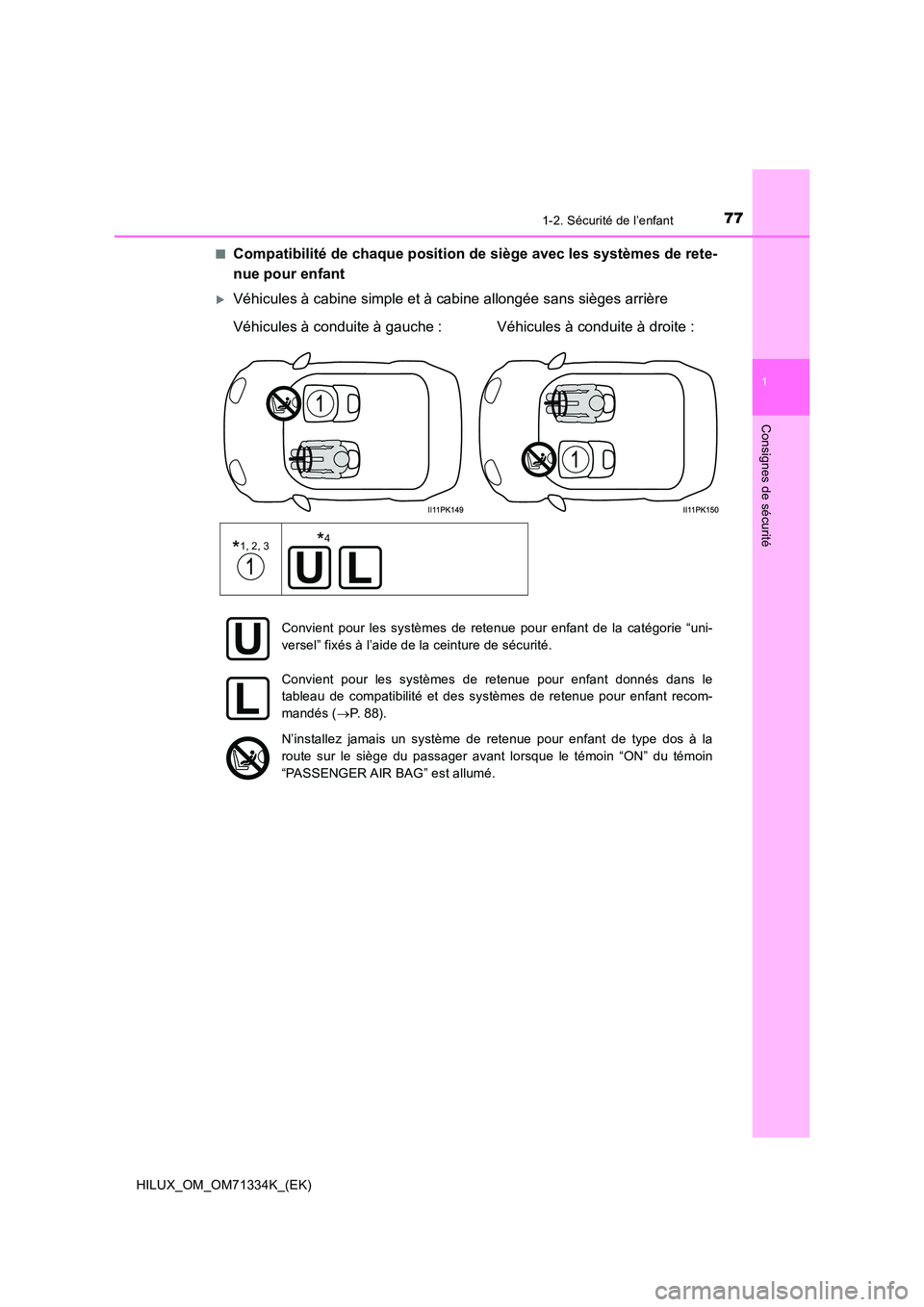 TOYOTA HILUX 2022  Manuel du propriétaire (in French) 771-2. Sécurité de l’enfant
1
HILUX_OM_OM71334K_(EK)
Consignes de sécurité
�QCompatibilité de chaque position de siège avec les systèmes de rete- 
nue pour enfant
Véhicules à cabine simp