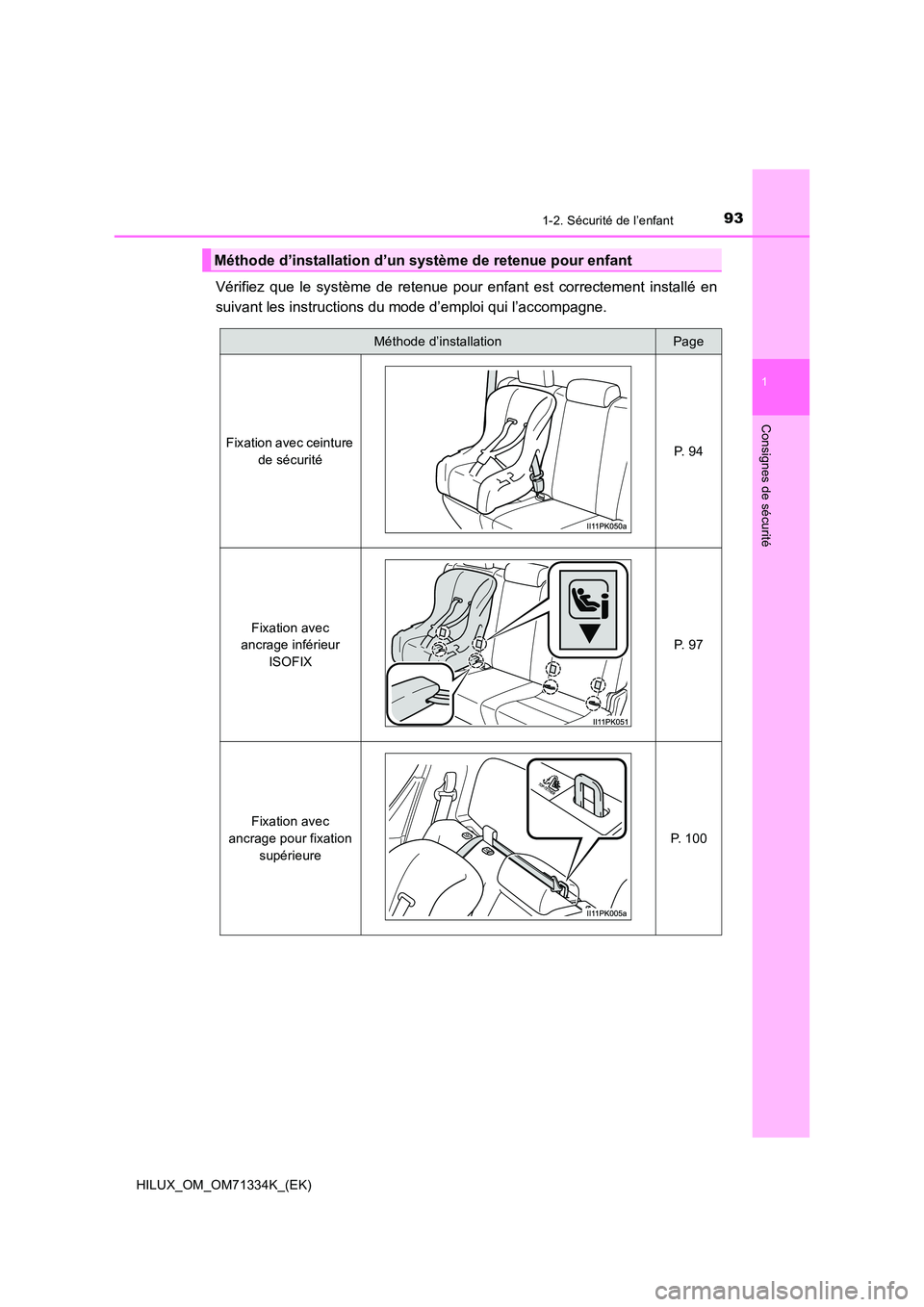 TOYOTA HILUX 2022  Manuel du propriétaire (in French) 931-2. Sécurité de l’enfant
1
HILUX_OM_OM71334K_(EK)
Consignes de sécurité
Vérifiez que le système de retenue pour enfant est correctement installé en 
suivant les instructions du mode d’em