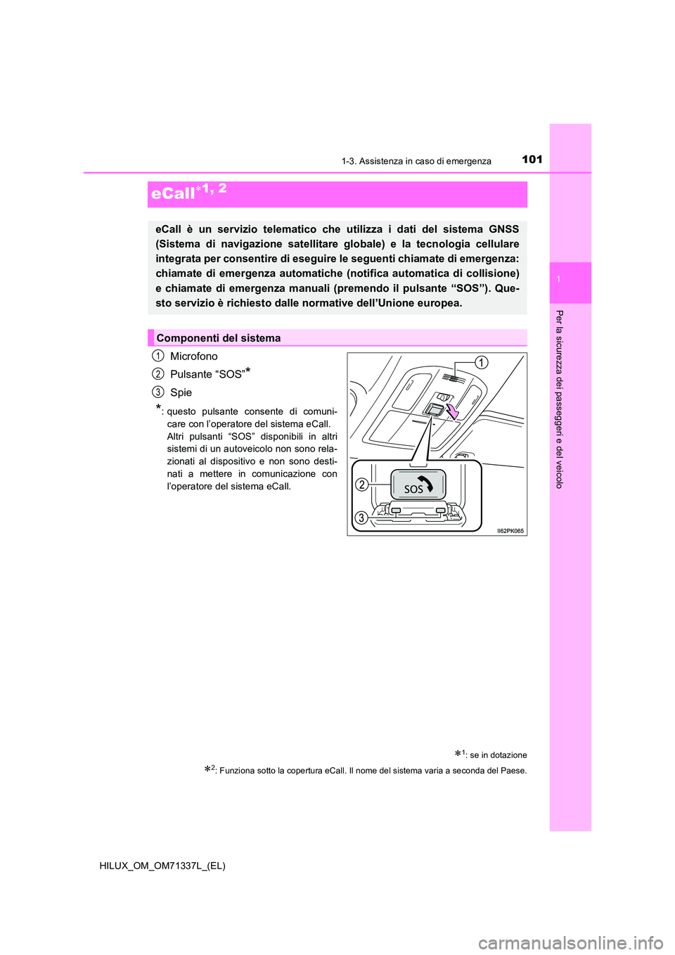 TOYOTA HILUX 2022  Manuale duso (in Italian) 101
1
1-3. Assistenza in caso di emergenza
HILUX_OM_OM71337L_(EL)
Per la sicurezza dei passeggeri e del veicolo
eCall1, 2
Microfono 
Pulsante “SOS”*
Spie
*: questo pulsante consente di comuni- 