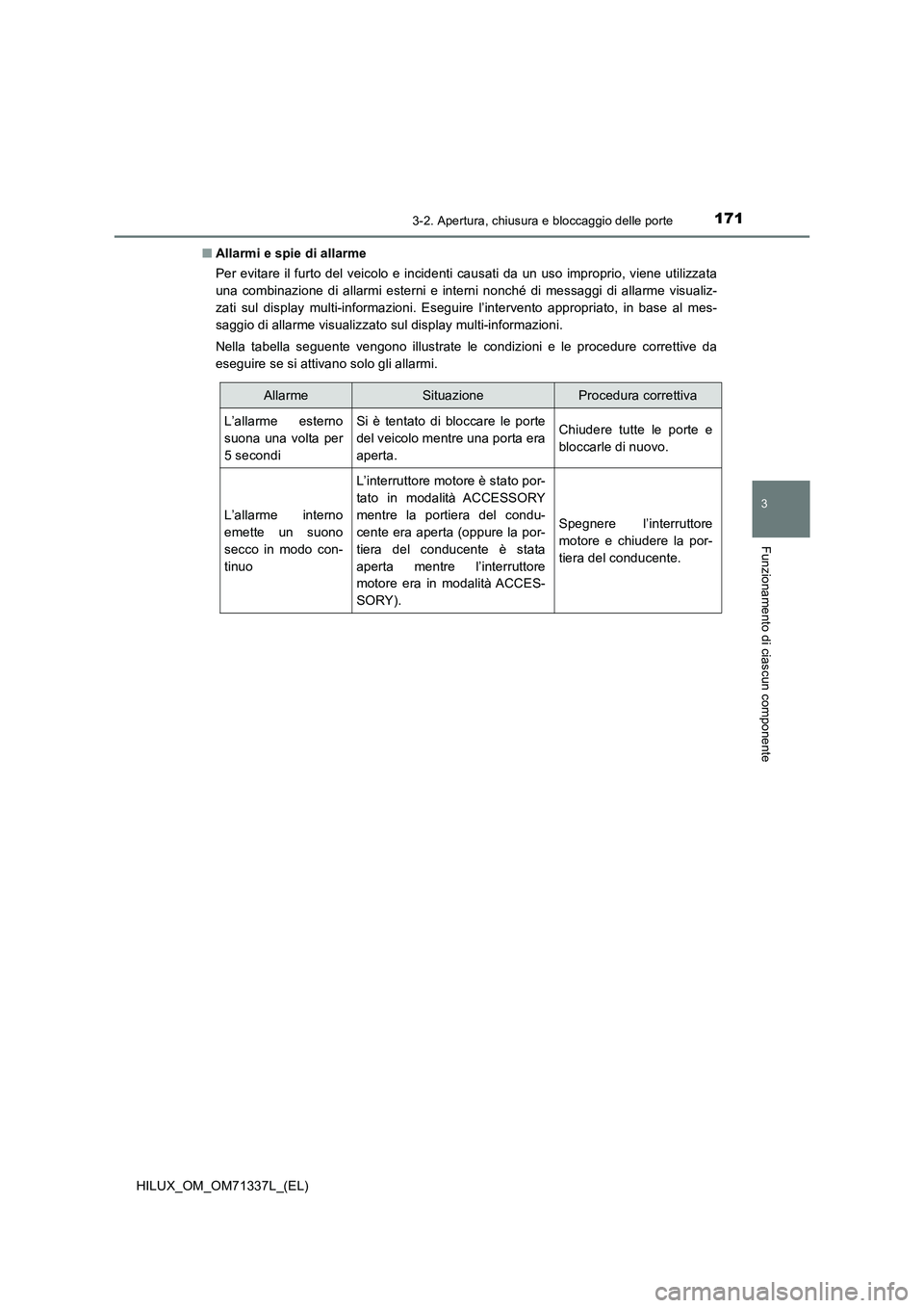 TOYOTA HILUX 2022  Manuale duso (in Italian) 1713-2. Apertura, chiusura e bloccaggio delle porte
3
Funzionamento di ciascun componente
HILUX_OM_OM71337L_(EL)�QAllarmi e spie di allarme
Per evitare il furto del veicolo e incidenti causati da un u