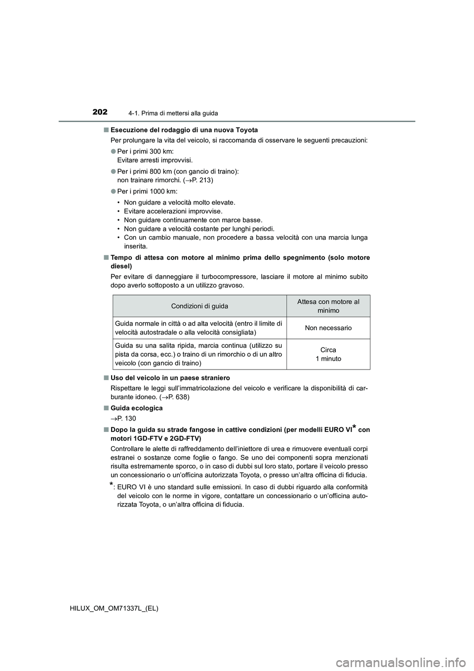 TOYOTA HILUX 2022  Manuale duso (in Italian) 2024-1. Prima di mettersi alla guida
HILUX_OM_OM71337L_(EL)�QEsecuzione del rodaggio di una nuova Toyota
Per prolungare la vita del veicolo, si raccomanda di osservare le seguenti precauzioni:
�OPer i