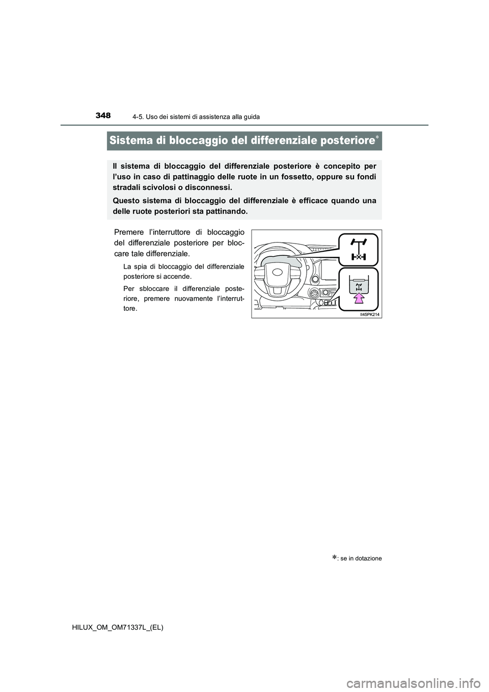 TOYOTA HILUX 2022  Manuale duso (in Italian) 3484-5. Uso dei sistemi di assistenza alla guida
HILUX_OM_OM71337L_(EL)
Sistema di bloccaggio del differenziale posteriore
Premere l’interruttore di bloccaggio
del differenziale posteriore per bl