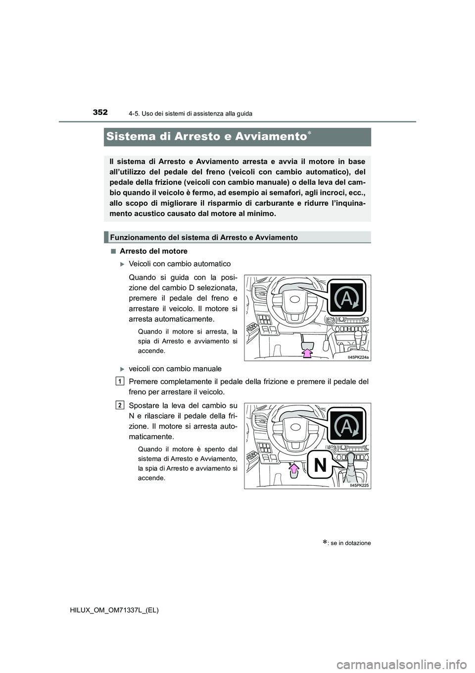 TOYOTA HILUX 2022  Manuale duso (in Italian) 3524-5. Uso dei sistemi di assistenza alla guida
HILUX_OM_OM71337L_(EL)
Sistema di Arresto e Avviamento
�QArresto del motore
Veicoli con cambio automatico
Quando si guida con la posi-
zione del 