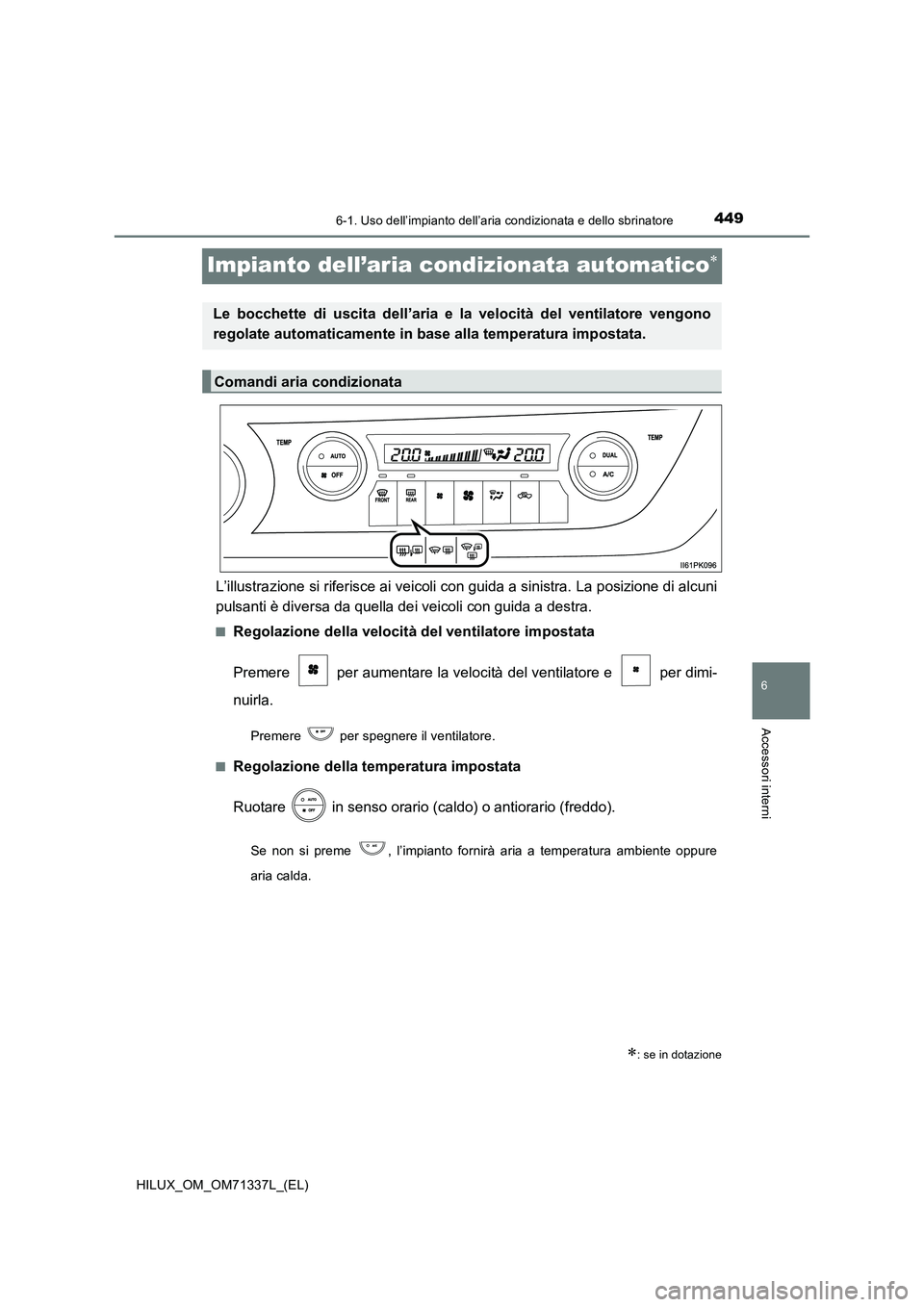 TOYOTA HILUX 2022  Manuale duso (in Italian) 4496-1. Uso dell’impianto dell’aria condizionata e dello sbrinatore
HILUX_OM_OM71337L_(EL)
6
Accessori interni
Impianto dell’aria condizionata automatico
L’illustrazione si riferisce ai vei