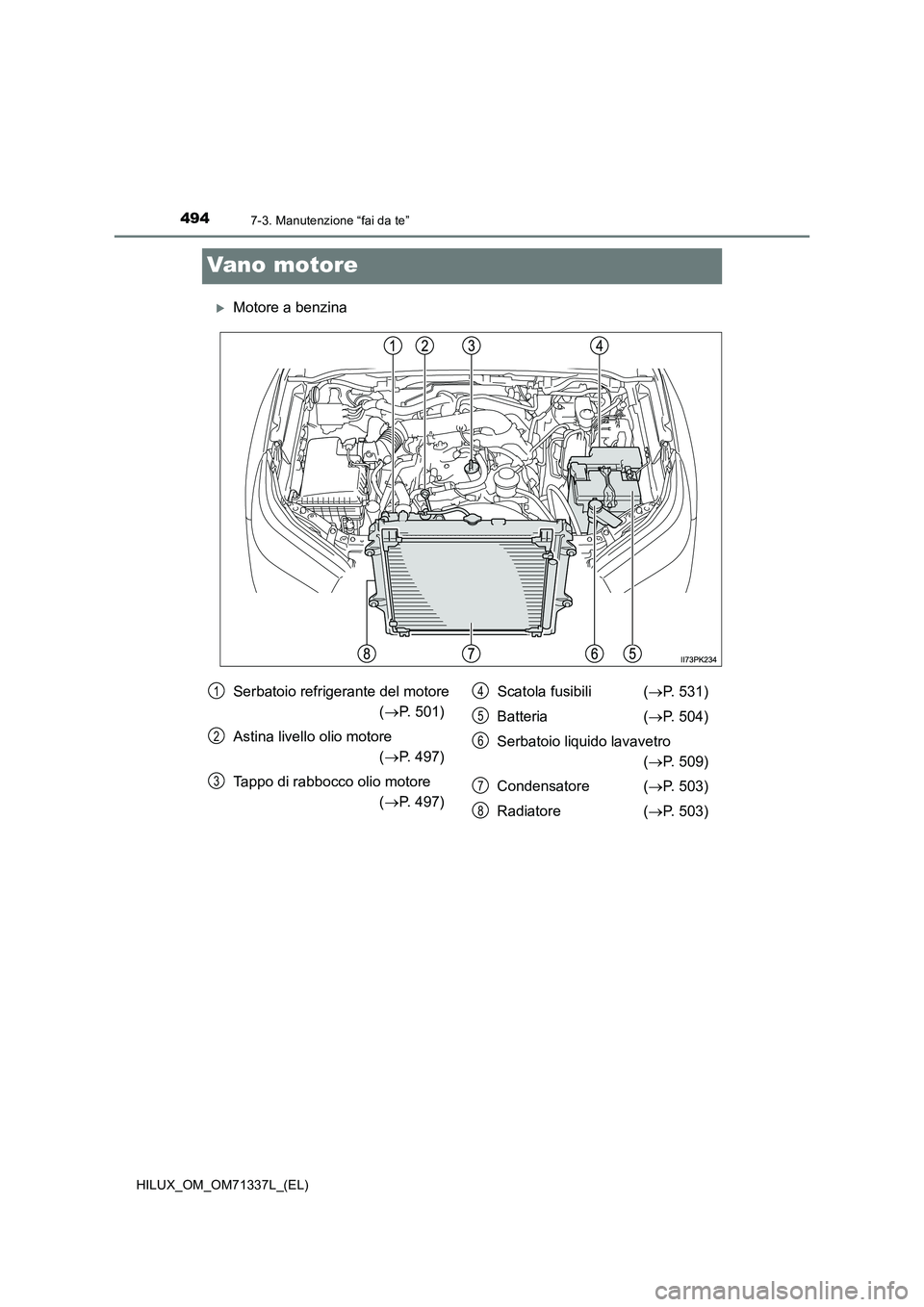 TOYOTA HILUX 2022  Manuale duso (in Italian) 4947-3. Manutenzione “fai da te”
HILUX_OM_OM71337L_(EL)
Vano motore
Motore a benzina
Serbatoio refrigerante del motore  
( P. 501) 
Astina livello olio motore  
( P. 497) 
Tappo di rabboc
