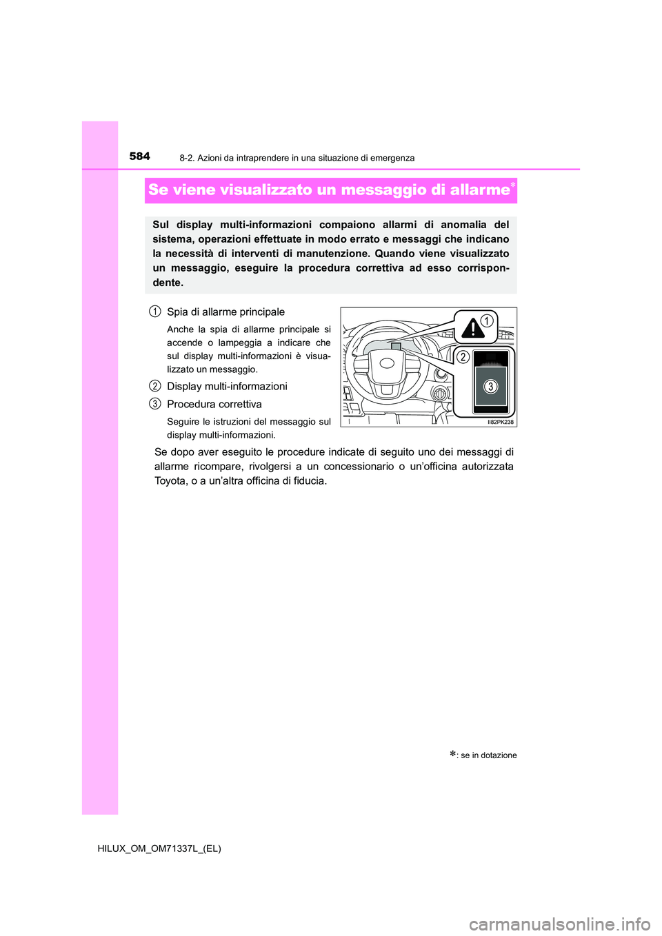 TOYOTA HILUX 2022  Manuale duso (in Italian) 5848-2. Azioni da intraprendere in una situazione di emergenza
HILUX_OM_OM71337L_(EL)
Se viene visualizzato un messaggio di allar me
Spia di allarme principale
Anche la spia di allarme principale s