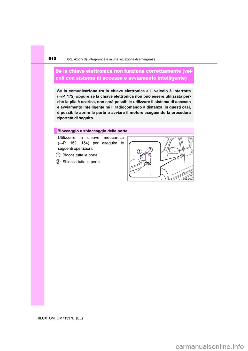 TOYOTA HILUX 2022  Manuale duso (in Italian) 6108-2. Azioni da intraprendere in una situazione di emergenza
HILUX_OM_OM71337L_(EL)
Se la chiave elettronica non funziona correttamente (vei- 
coli con sistema di accesso e avviamento intelligente)
