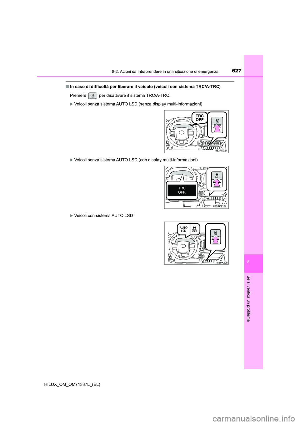 TOYOTA HILUX 2022  Manuale duso (in Italian) 6278-2. Azioni da intraprendere in una situazione di emergenza
HILUX_OM_OM71337L_(EL)
8
Se si verifica un problema
�QIn caso di difficoltà per liberare il veicolo (veicoli con sistema TRC/A-TRC) 
Pre