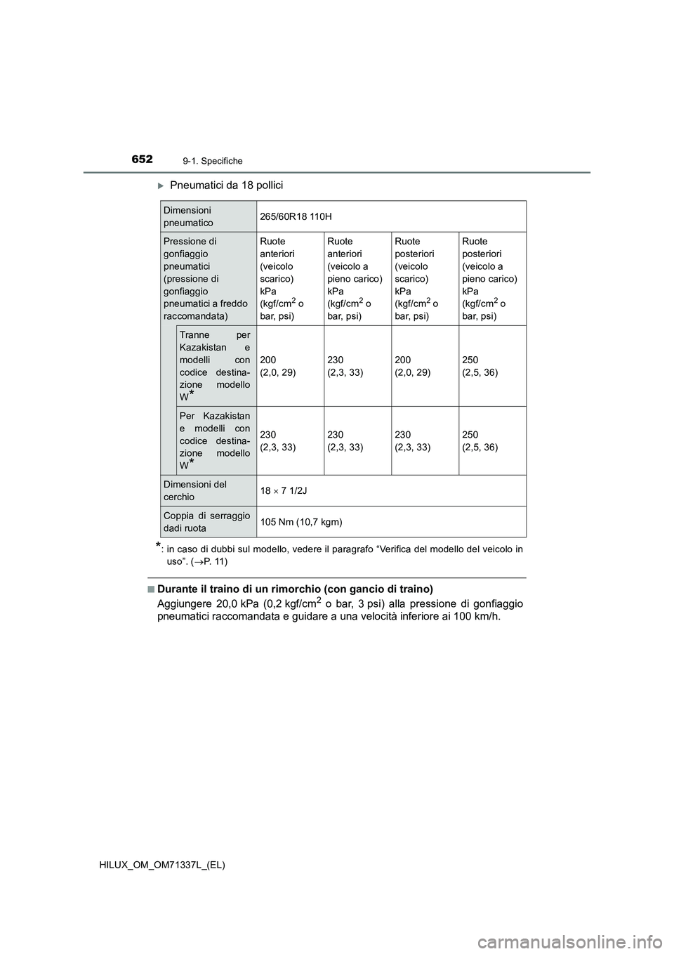 TOYOTA HILUX 2022  Manuale duso (in Italian) 6529-1. Specifiche
HILUX_OM_OM71337L_(EL)
Pneumatici da 18 pollici
*: in caso di dubbi sul modello, vedere il paragrafo “Verifica del modello del veicolo in
uso”. (P.  11 )
�QDurante il trai