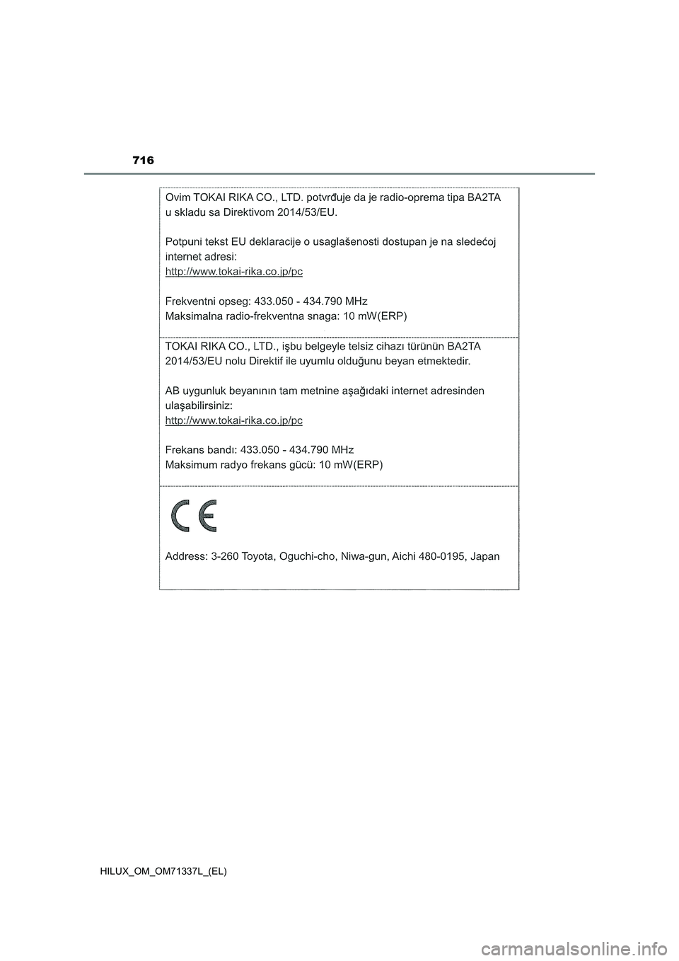 TOYOTA HILUX 2022  Manuale duso (in Italian) 716
HILUX_OM_OM71337L_(EL) 