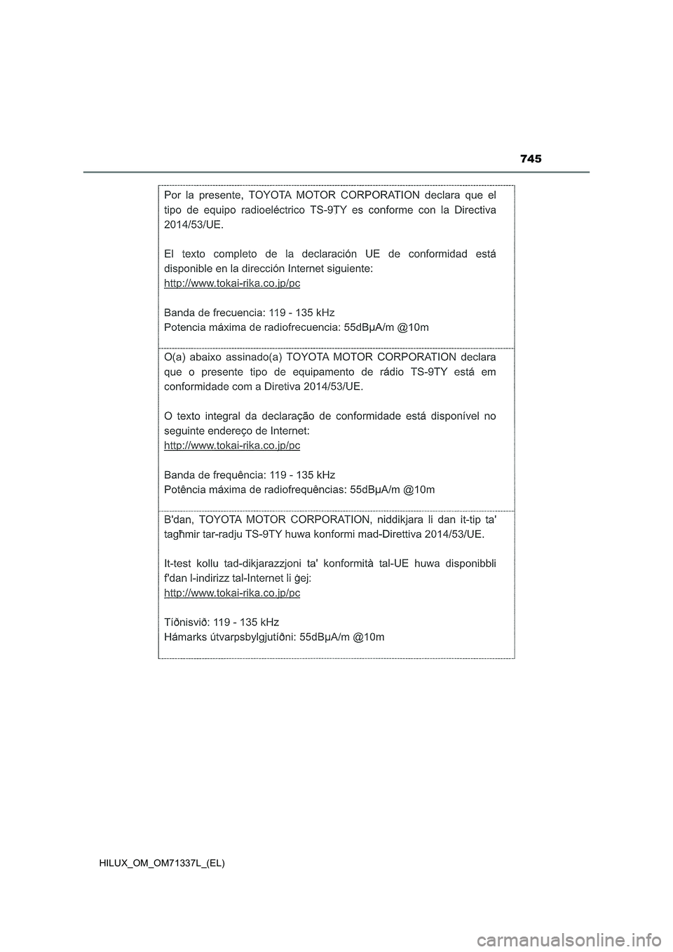TOYOTA HILUX 2022  Manuale duso (in Italian) 745
HILUX_OM_OM71337L_(EL) 