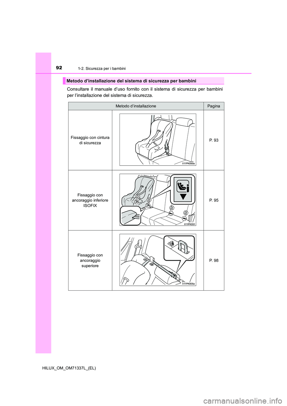 TOYOTA HILUX 2022 Manuale duso (in Italian) 921-2. Sicurezza per i bambini
HILUX_OM_OM71337L_(EL)
Consultare il manuale d’uso fornito con il sistema di sicurezza per bambini
per l’installazione del sistema di sicurezza.
Metodo d’installa TOYOTA HILUX 2022 Manuale duso (in Italian) 921-2. Sicurezza per i bambini
HILUX_OM_OM71337L_(EL)
Consultare il manuale d’uso fornito con il sistema di sicurezza per bambini
per l’installazione del sistema di sicurezza.
Metodo d’installa