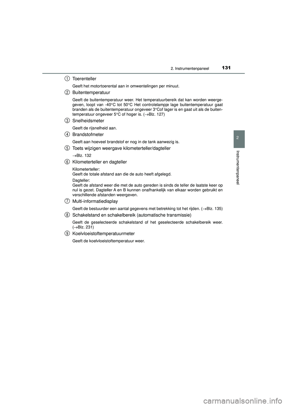 TOYOTA HILUX 2022 Instructieboekje (in Dutch) 1312. Instrumentenpaneel
2
Instrumentenpaneel
HILUX_OM_OM0K513E_(EE)
Toerenteller
Geeft het motortoerental aan in omwentelingen per minuut.
Buitentemperatuur
Geeft de buitentemperatuur weer. Het tempe TOYOTA HILUX 2022 Instructieboekje (in Dutch) 1312. Instrumentenpaneel
2
Instrumentenpaneel
HILUX_OM_OM0K513E_(EE)
Toerenteller
Geeft het motortoerental aan in omwentelingen per minuut.
Buitentemperatuur
Geeft de buitentemperatuur weer. Het tempe