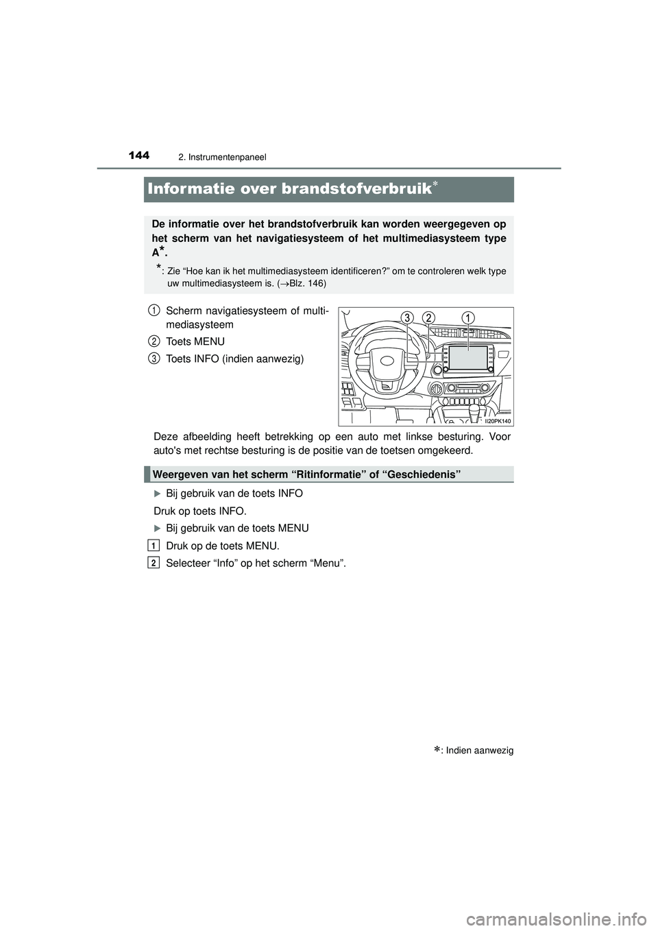 TOYOTA HILUX 2022 Instructieboekje (in Dutch) 1442. Instrumentenpaneel
HILUX_OM_OM0K513E_(EE)
Informatie over brandstofverbruik
Scherm navigatiesysteem of multi-
mediasysteem
Toets MENU
Toets INFO (indien aanwezig)
Deze afbeelding heeft betrek TOYOTA HILUX 2022 Instructieboekje (in Dutch) 1442. Instrumentenpaneel
HILUX_OM_OM0K513E_(EE)
Informatie over brandstofverbruik
Scherm navigatiesysteem of multi-
mediasysteem
Toets MENU
Toets INFO (indien aanwezig)
Deze afbeelding heeft betrek