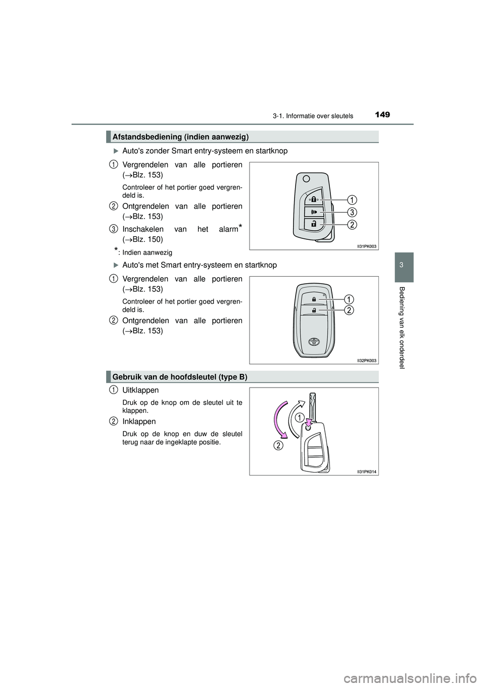 TOYOTA HILUX 2022 Instructieboekje (in Dutch) 1493-1. Informatie over sleutels
3
Bediening van elk onderdeel
HILUX_OM_OM0K513E_(EE)
Autos zonder Smart entry-systeem en startknop
Vergrendelen van alle portieren
(Blz. 153)
Controleer of het TOYOTA HILUX 2022 Instructieboekje (in Dutch) 1493-1. Informatie over sleutels
3
Bediening van elk onderdeel
HILUX_OM_OM0K513E_(EE)
Autos zonder Smart entry-systeem en startknop
Vergrendelen van alle portieren
(Blz. 153)
Controleer of het