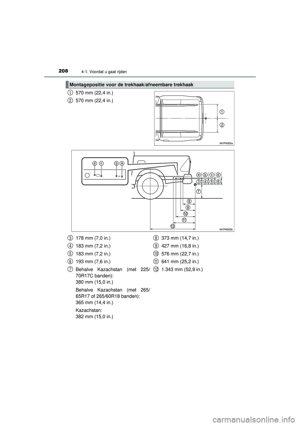 TOYOTA HILUX 2022 Instructieboekje (in Dutch) 2084-1. Voordat u gaat rijden
HILUX_OM_OM0K513E_(EE)
570 mm (22,4 in.)
570 mm (22,4 in.)
Montagepositie voor de trekhaak/afneembare trekhaak
1
2
178 mm (7,0 in.)
183 mm (7,2 in.)
183 mm (7,2 in.)
193 TOYOTA HILUX 2022 Instructieboekje (in Dutch) 2084-1. Voordat u gaat rijden
HILUX_OM_OM0K513E_(EE)
570 mm (22,4 in.)
570 mm (22,4 in.)
Montagepositie voor de trekhaak/afneembare trekhaak
1
2
178 mm (7,0 in.)
183 mm (7,2 in.)
183 mm (7,2 in.)
193