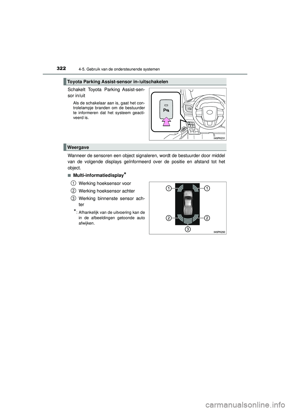 TOYOTA HILUX 2022 Instructieboekje (in Dutch) 3224-5. Gebruik van de ondersteunende systemen
HILUX_OM_OM0K513E_(EE)
Schakelt Toyota Parking Assist-sen-
sor in/uit
Als de schakelaar aan is, gaat het con-
trolelampje branden om de bestuurder
te inf TOYOTA HILUX 2022 Instructieboekje (in Dutch) 3224-5. Gebruik van de ondersteunende systemen
HILUX_OM_OM0K513E_(EE)
Schakelt Toyota Parking Assist-sen-
sor in/uit
Als de schakelaar aan is, gaat het con-
trolelampje branden om de bestuurder
te inf