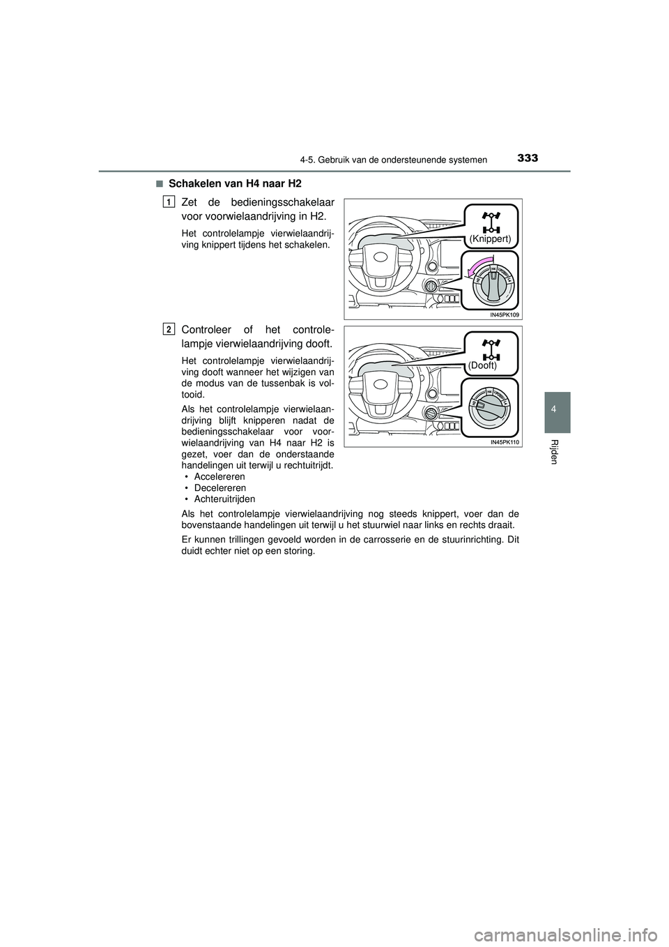 TOYOTA HILUX 2022 Instructieboekje (in Dutch) 3334-5. Gebruik van de ondersteunende systemen
4
Rijden
HILUX_OM_OM0K513E_(EE)■
Schakelen van H4 naar H2
Zet de bedieningsschakelaar
voor voorwielaandrijving in H2.
Het controlelampje vierwielaandri TOYOTA HILUX 2022 Instructieboekje (in Dutch) 3334-5. Gebruik van de ondersteunende systemen
4
Rijden
HILUX_OM_OM0K513E_(EE)■
Schakelen van H4 naar H2
Zet de bedieningsschakelaar
voor voorwielaandrijving in H2.
Het controlelampje vierwielaandri