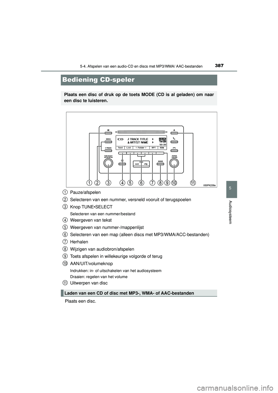 TOYOTA HILUX 2022 Instructieboekje (in Dutch) 387
5
5-4. Afspelen van een audio-CD en discs met MP3/WMA/ AAC-bestanden
Audiosysteem
HILUX_OM_OM0K513E_(EE)
Bediening CD-speler
Pauze/afspelen
Selecteren van een nummer, versneld vooruit of terugspoe TOYOTA HILUX 2022 Instructieboekje (in Dutch) 387
5
5-4. Afspelen van een audio-CD en discs met MP3/WMA/ AAC-bestanden
Audiosysteem
HILUX_OM_OM0K513E_(EE)
Bediening CD-speler
Pauze/afspelen
Selecteren van een nummer, versneld vooruit of terugspoe