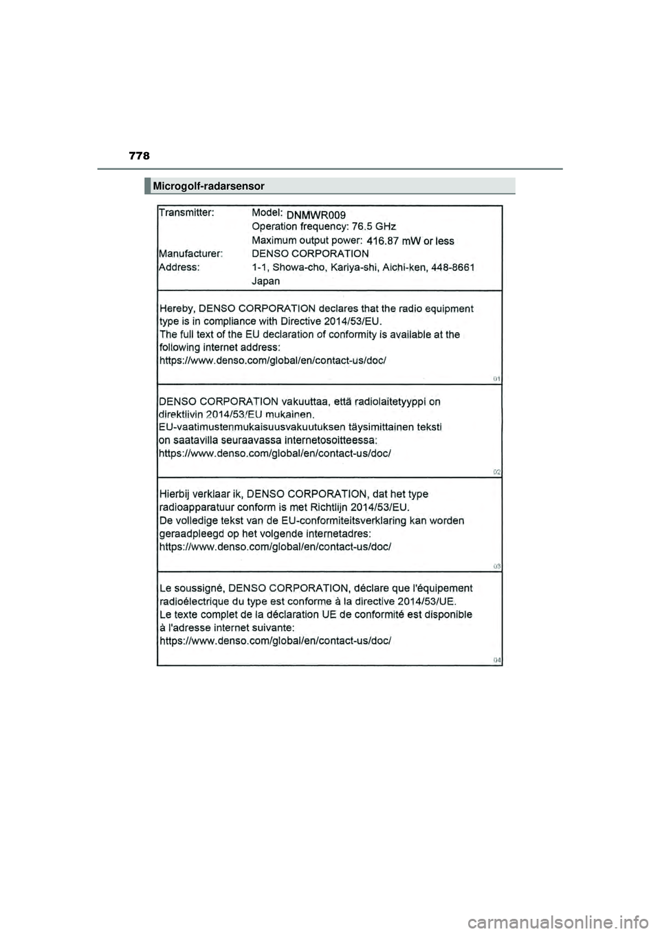 TOYOTA HILUX 2022 Instructieboekje (in Dutch) 778
HILUX_OM_OM0K513E_(EE)
Microgolf-radarsensor
HILUX_OM_OM0K513E_(EE).book Page 778 Wednesday, May 26, 2021 11:09 AM TOYOTA HILUX 2022 Instructieboekje (in Dutch) 778
HILUX_OM_OM0K513E_(EE)
Microgolf-radarsensor
HILUX_OM_OM0K513E_(EE).book Page 778 Wednesday, May 26, 2021 11:09 AM