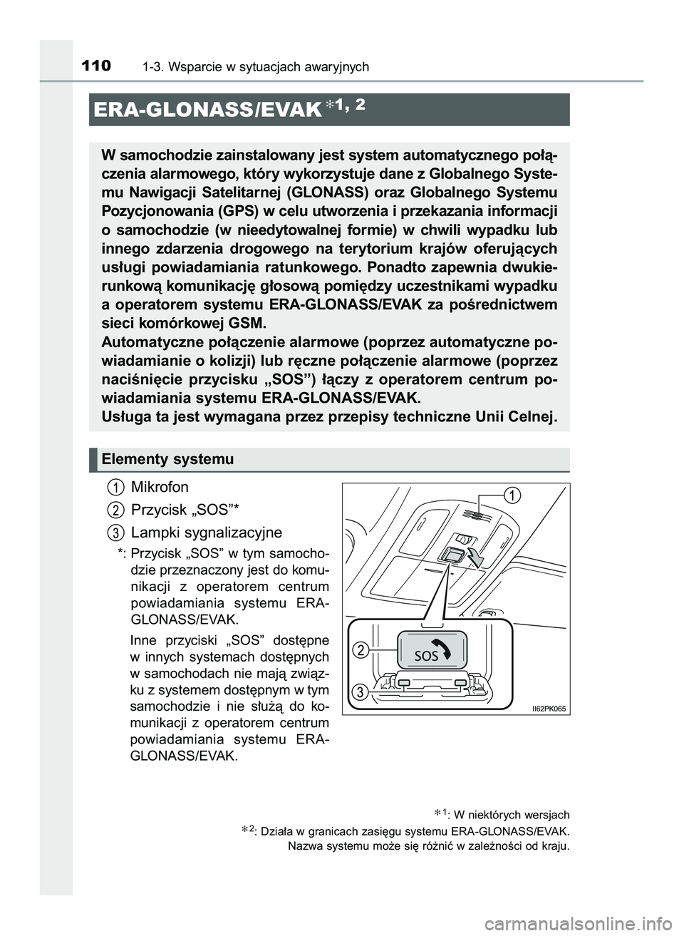 TOYOTA HILUX 2022  Instrukcja obsługi (in Polish) Mikrofon
Przycisk „SOS”*
Lampki sygnalizacyjne
*: Przycisk  „SOS”  w tym  samocho-
dzie przeznaczony jest do komu-
nikacji  z  operatorem  centrum 
powiadamiania  systemu  ERA-
GLONASS/EVAK.
I