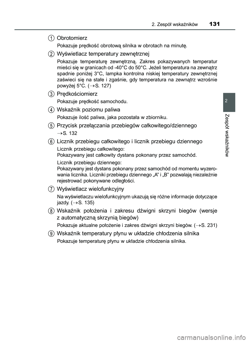 TOYOTA HILUX 2022  Instrukcja obsługi (in Polish) Obrotomierz
Pokazuje pr´dkoÊç obrotowà silnika w obrotach na minut´.
WyÊwietlacz temperatury zewn´trznej
Pokazuje  temperatur´  zewn´trznà.  Zakres  pokazywanych  temperatur
mieÊci si´ w g
