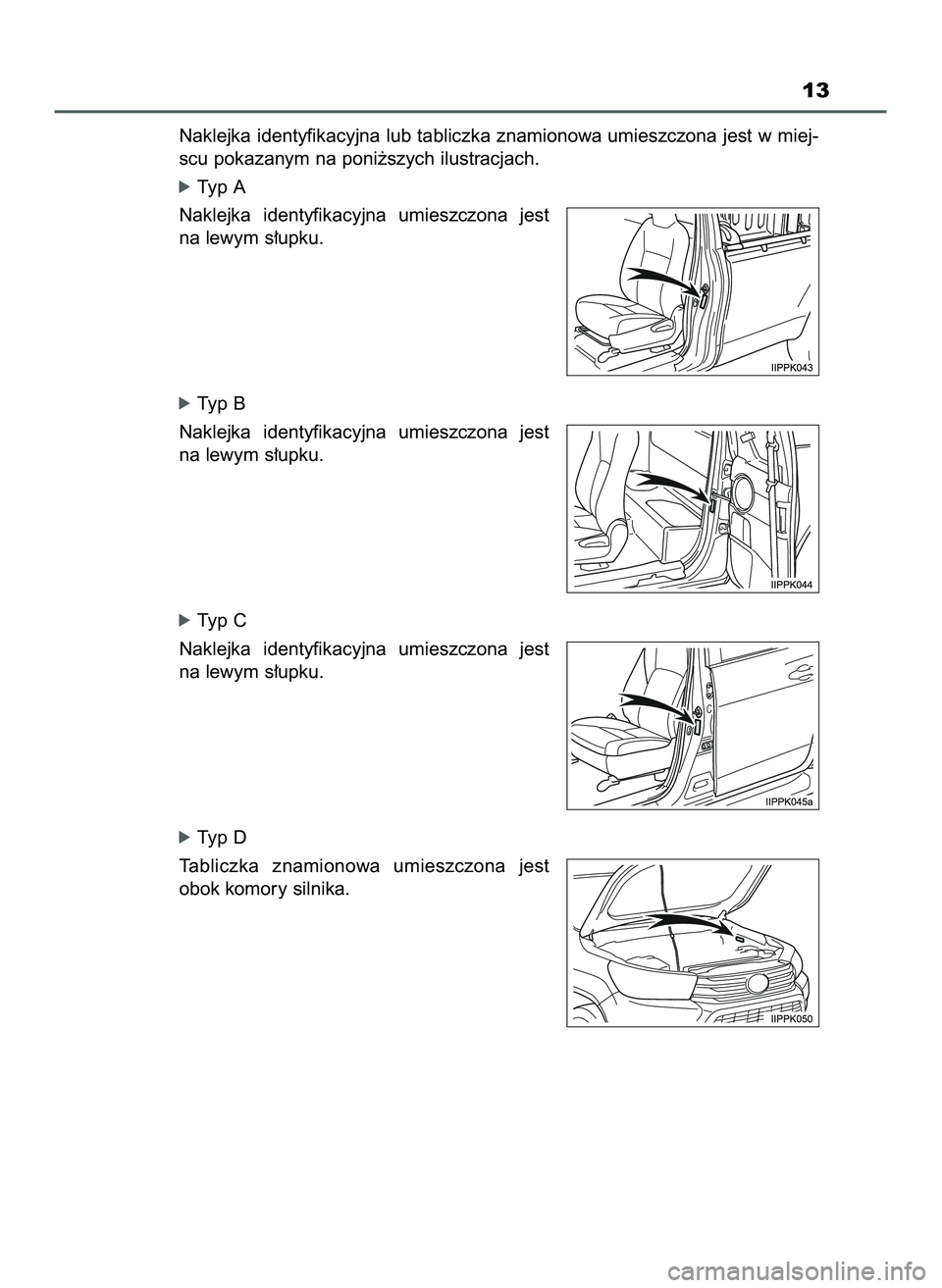 TOYOTA HILUX 2022  Instrukcja obsługi (in Polish) 13
Naklejka identyfikacyjna lub tabliczka znamionowa umieszczona jest w miej-
scu pokazanym na poni˝szych ilustracjach.
óTyp A
Naklejka  identyfikacyjna  umieszczona  jest
na lewym s∏upku.
óTyp B