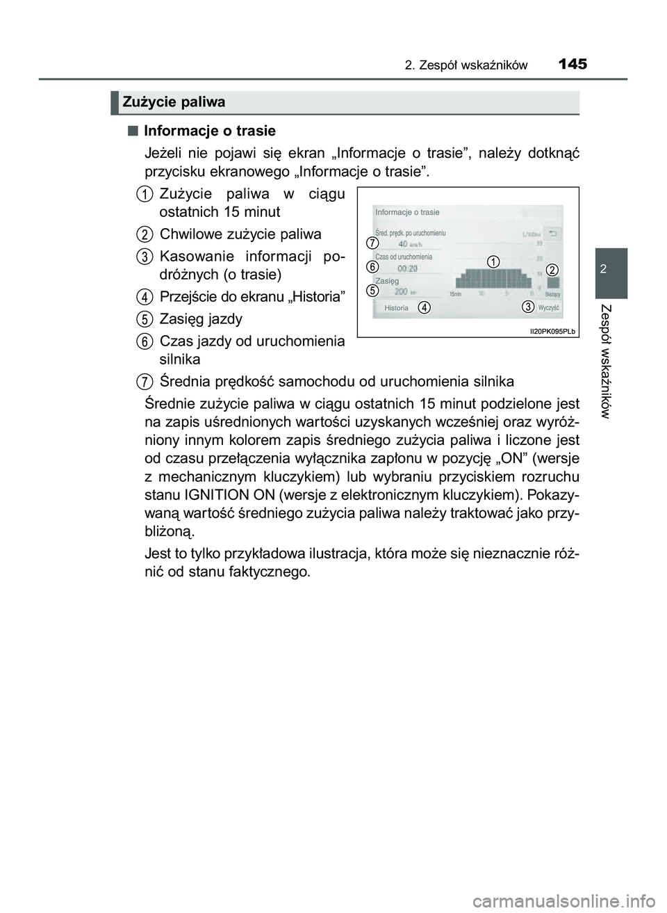 TOYOTA HILUX 2022  Instrukcja obsługi (in Polish) Informacje o trasie
Je˝eli  nie  pojawi  si´  ekran  „Informacje  o trasie”,  nale˝y  dotknàç
przycisku ekranowego „Informacje o trasie”.
Zu˝ycie  paliwa  w ciàgu
ostatnich 15 minut
Chw