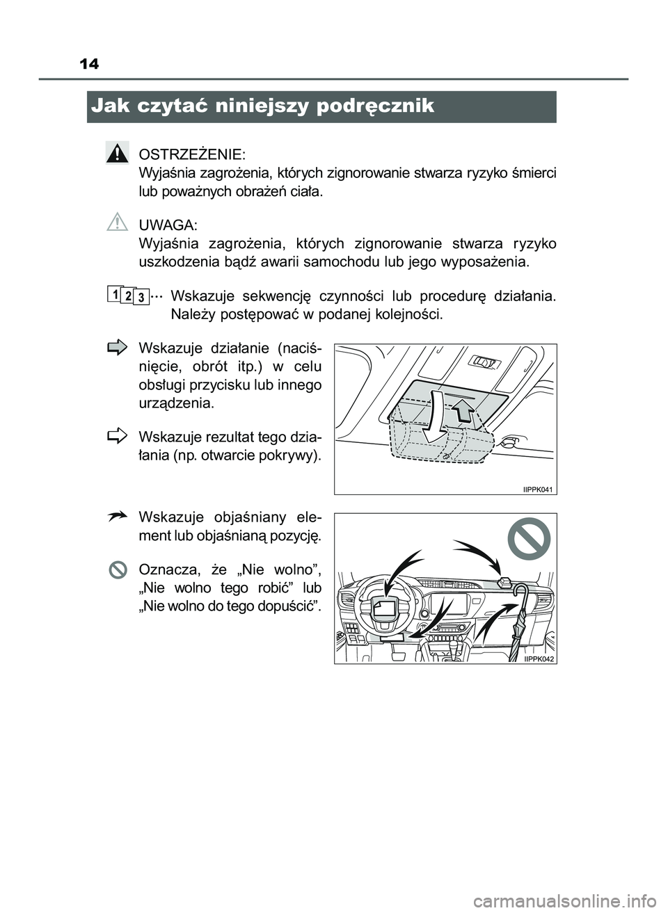 TOYOTA HILUX 2022  Instrukcja obsługi (in Polish) 14
Jak czytaç niniejszy podr´cznik
OSTRZE˚ENIE:
WyjaÊnia zagro˝enia, których zignorowanie stwarza ryzyko Êmierci
lub powa˝nych obra˝eƒ cia∏a.
UWAGA:
WyjaÊnia  zagro˝enia,  których  zign