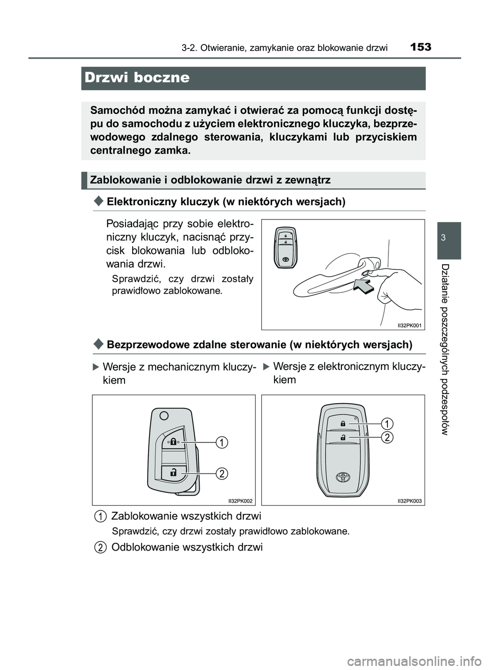 TOYOTA HILUX 2022  Instrukcja obsługi (in Polish) Elektroniczny kluczyk (w niektórych wersjach)
Posiadajàc  przy  sobie  elektro-
niczny  kluczyk,  nacisnàç  przy-
cisk  blokowania  lub  odbloko-
wania drzwi.
Sprawdziç,  czy  drzwi  zosta∏y
p
